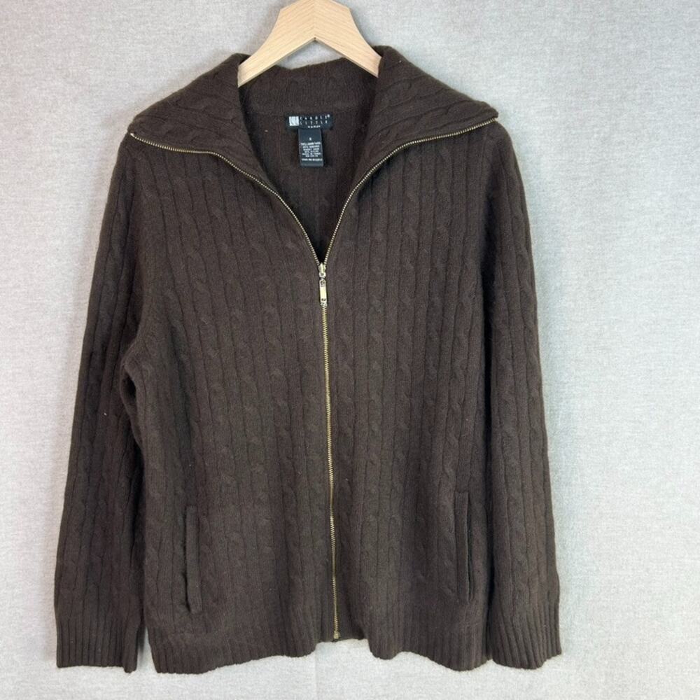 Carole Little Womens Full‎ Zip Cardigan Size 1X Lambs Wool Cable Knit Cabincore